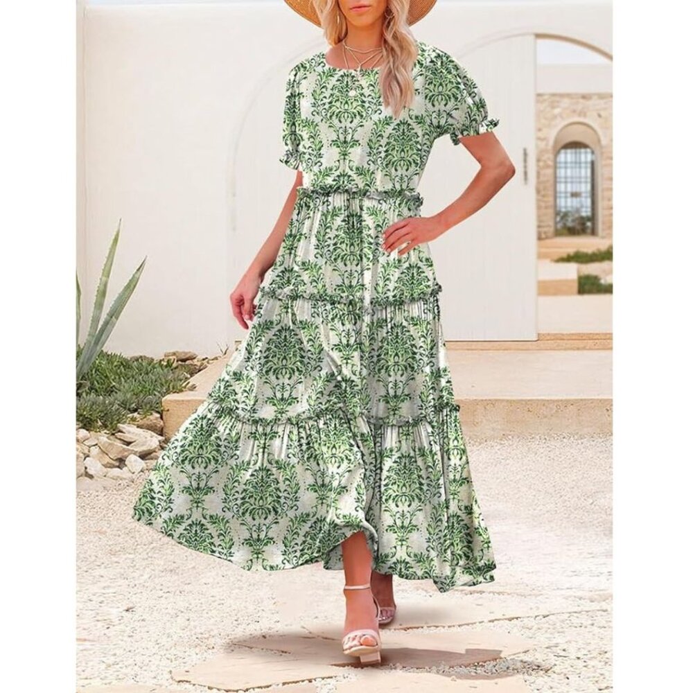 Green & White Boho Maxi Dress